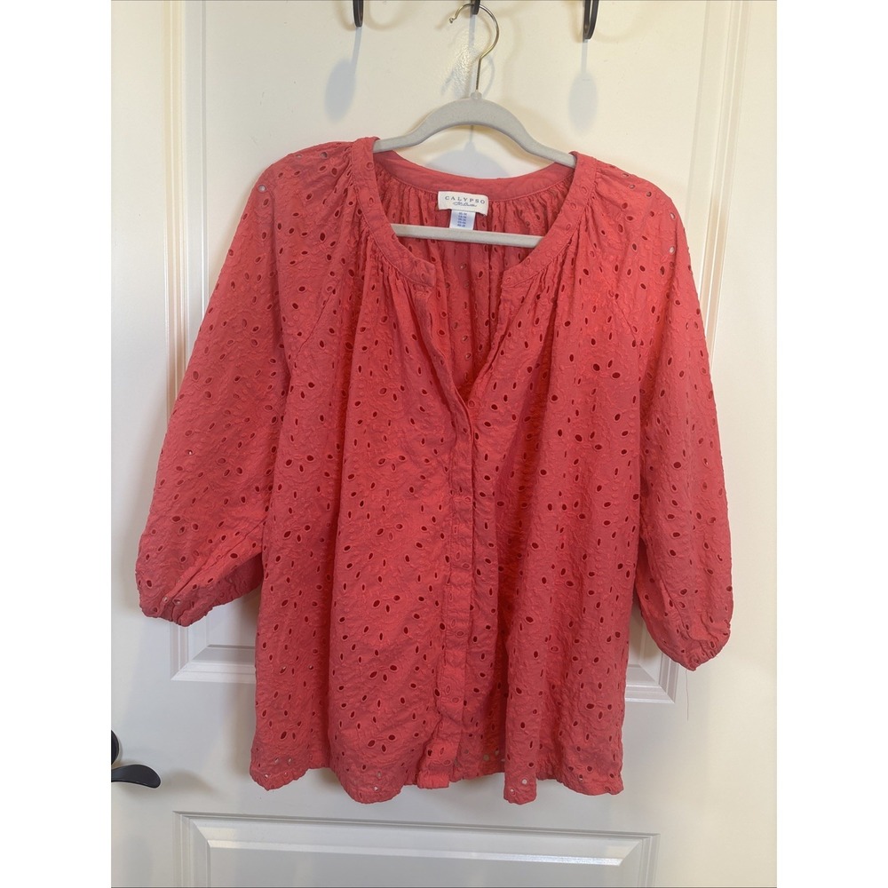 Calypso St Barth Top Size 1X Coral Eyelet 3/4 Sleeve Button Shirt Boho Coastal